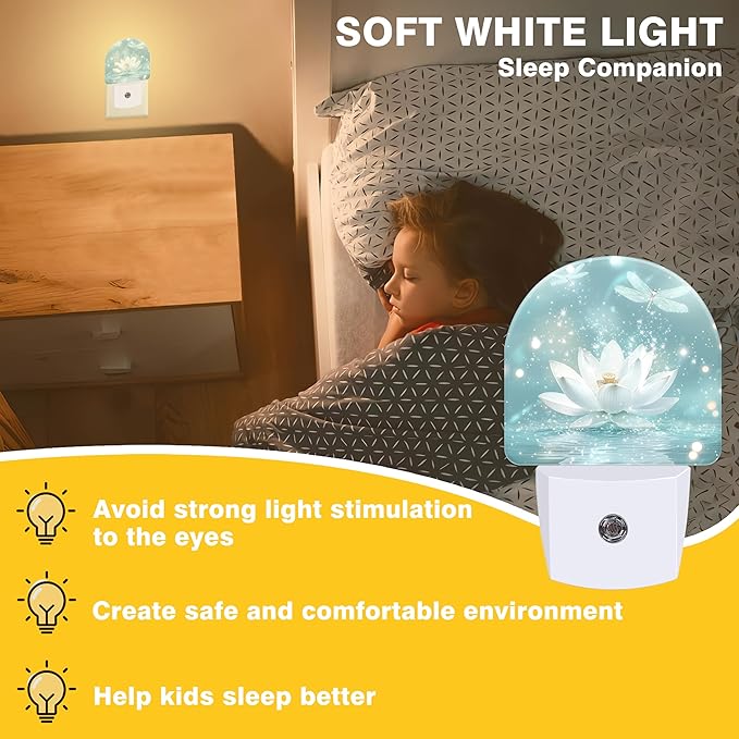 Night Lights Plug into Wall White Lotus and Dragonfly Night Light Dusk to Dawn Smart Sensor Decorative Round Led Lamp for Bedroom Kitchen Hallway Nightlight for Women Men