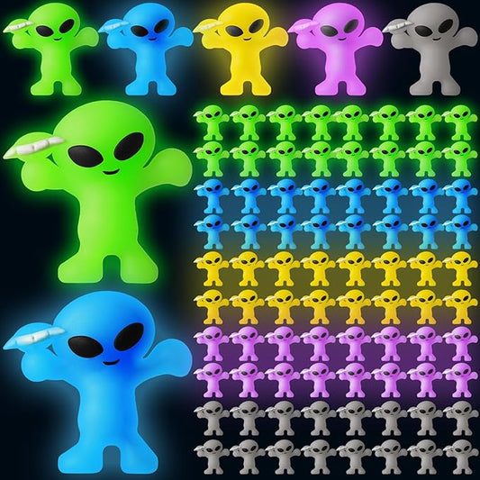 20 Pcs Colorful Mini Alien Figures Glow in The Dark Small Little Tiny Aliens Figurine Space Ship Toy Space Party Favors Prank Rubber Bag Piñata Filler