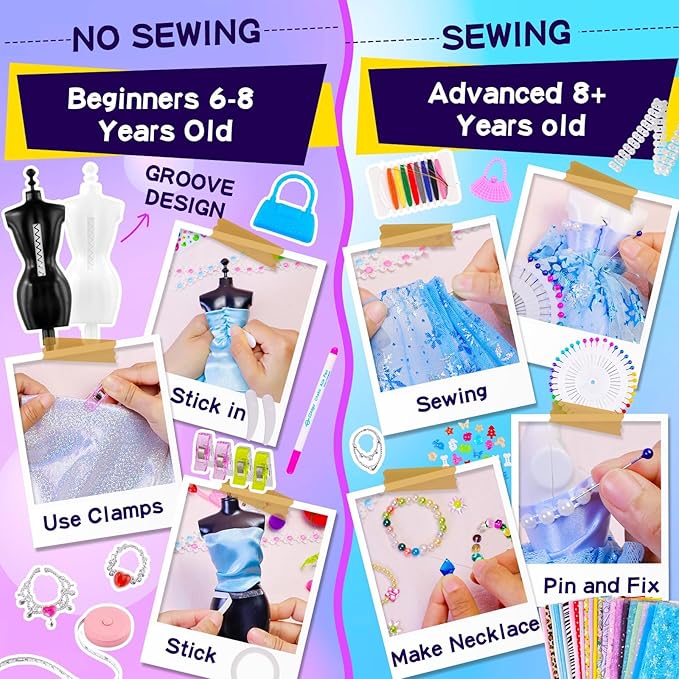 800+PCS Fashion Designer Kits for Girls, Doll Clothes Making Kit with 4 Mannequins, Creativity DIY Arts & Crafts Toys for Kids, Sewing Kit for Girls Aged 6-12+ Birthday Gifts