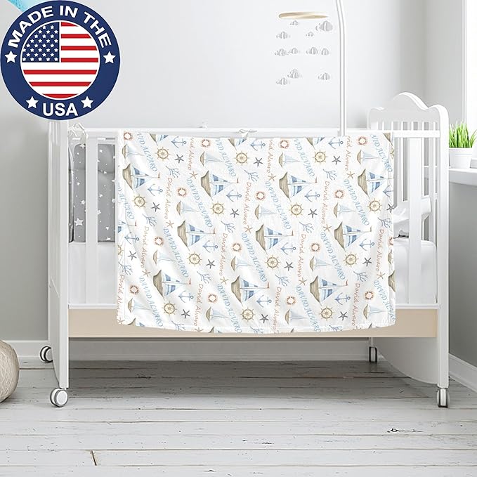 Ship Next Day, Personalized Baby Blanket for Boys Girls - Printed in USA, Custom Name Toddler Blanket with Sailboat Pattern, Perfect Newborn Gift