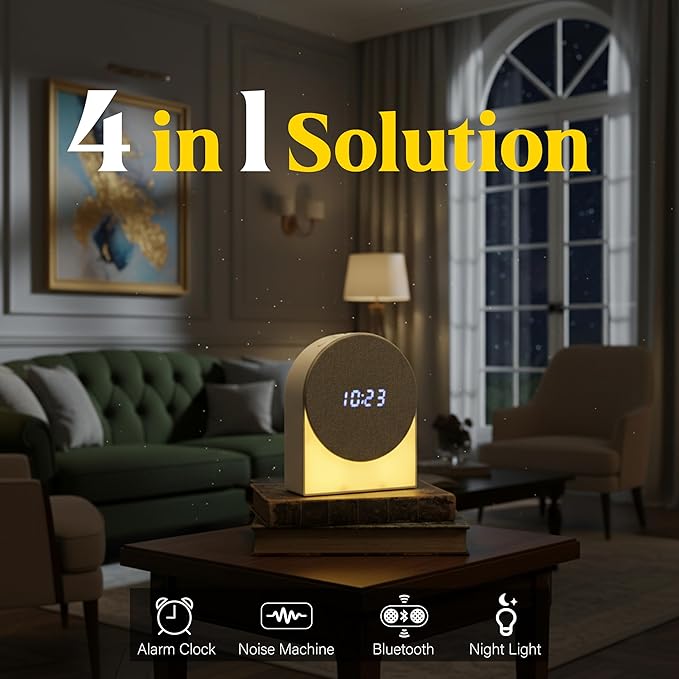 4 in 1 Sound Machine with Digital Clock & Night Light, White Noise Machine, 32-Level Volume, Memory & Timer, Rechargeable Battery, Portable for Baby, Adults, Travel & Office