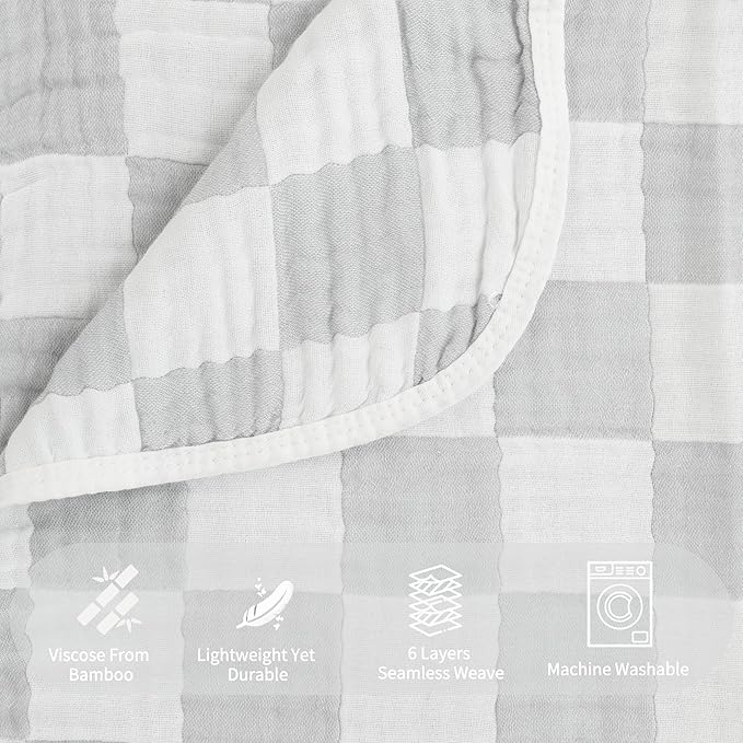 Ultra-Soft Muslin Baby Blanket (43x43 Inches,Grey Checkered,1-Pack)
