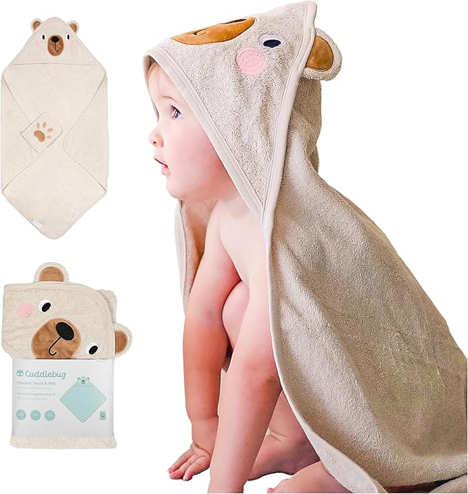 CuddleBug Hooded Baby Bath Towel & Washcloth Set (Bear) - 100% Cotton Terrycloth Hooded Baby Towels for Newborn & Toddler, Super-Soft & Ultra-Absorbent, Newborn Essentials (30" x 30") - Honey Beige