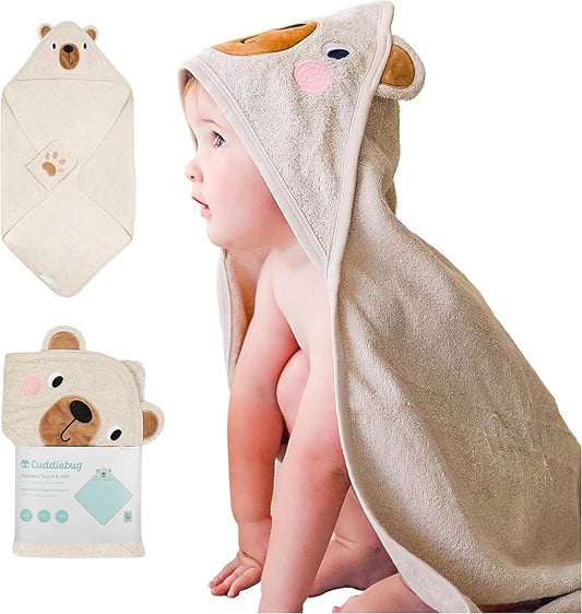 CuddleBug Hooded Baby Bath Towel & Washcloth Set (Bear) - 100% Cotton Terrycloth Hooded Baby Towels for Newborn & Toddler, Super-Soft & Ultra-Absorbent, Newborn Essentials (30" x 30") - Honey Beige