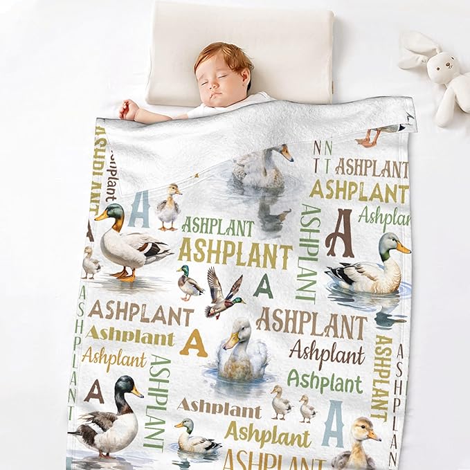 Personalized Duck Blanket for Girls Boys Custom Baby Blanket with Name Swaddle Blanket for Toddlers Infants Kids Shower Newborns Nursery Stroller Crib Decor Throw Birthday Gift