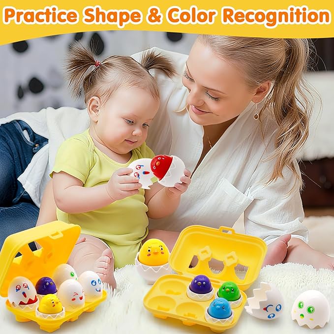 Egg Toys for Toddlers 1-3, Matching Eggs Set Color Sorting Sensory Educational Learning Fine Motor Skills Shape Sorter Baby Puzzle Travel Game Montessori Gift for 1 2 3 Year Old Kid Boy Girl