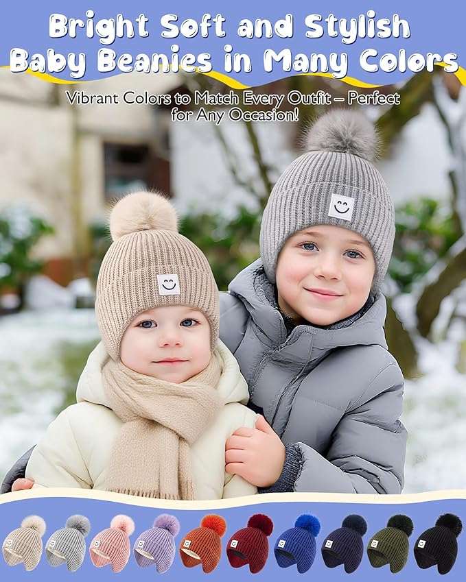 3 Pack Baby Winter Hats with Earflaps, 2 Size Kids Pom Pom Beanie for Infant Toddler Children, Smiley Face Hat for Girls Boys