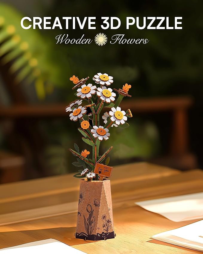 3D Flower Wooden Puzzles for Adults-Chamomile, DIY Wooden Flowers Model Kit Building Set Crafts for Adults to Build, Botanical Collection/Ideal Creative Gift Ideas/Housewarming (101PCS)