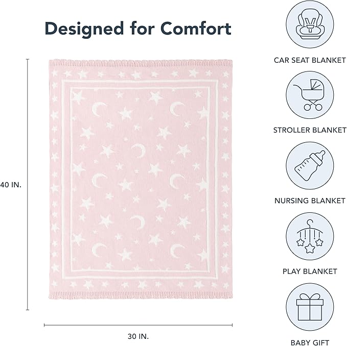 Berkshire Baby Blanket,Ultra-Plush Reversible Chenille Knit Toddler Blanket,Cute Pattern Nursery Crib Blanket,Ideal Baby Gift(30x40 Inches,Stars and Moon Border White-Pink)