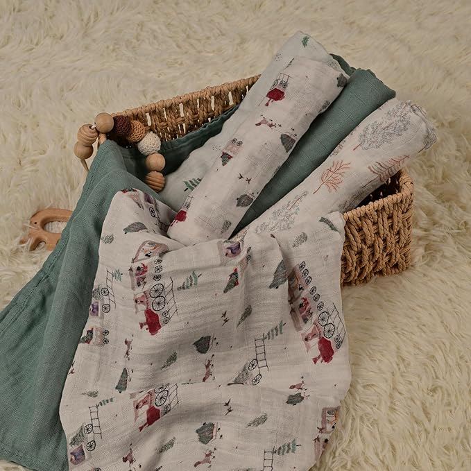GLLQUEN BABY Receiving Blanket Boy Cotton Muslin Swaddle Blankets Girl Newborn Squares Breathable & Soft Thin Baby Blankets Cloths Double Absorbent Infant Swaddling Wrap - 6 Pack (Pine Tree & Train)