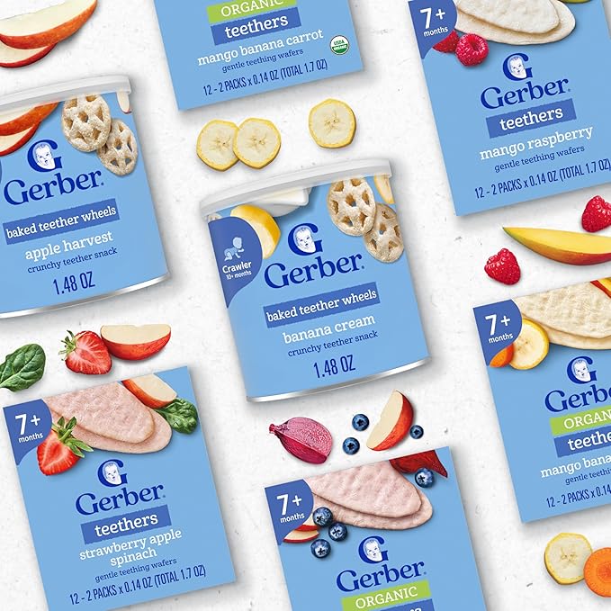 Gerber Baked Teether Wheels, Apple Harvest Crunchy Teether Snack, Baby Crackers, 6PK