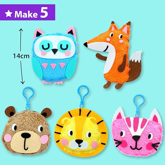 KRAFUN My First Sewing Animal for Kids, Beginner Art & Craft, 5 Easy Activities Stuffed Animal Dolls, Keyring Charms, Instructions & Felt Materials for Learn to Sew, Embroidery