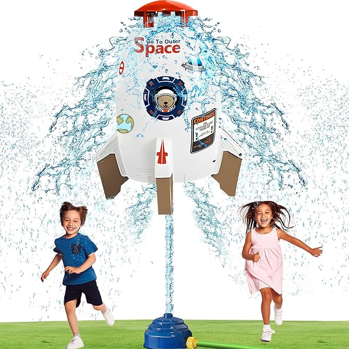 Water Rocket Sprinkler for Kids, Outdoor Sprinkler Rocket Launcher Toy for Backyard, Summer Water Toys for Kids Ages 3-12, Fun Water Powered Rocket Toy (White-5)