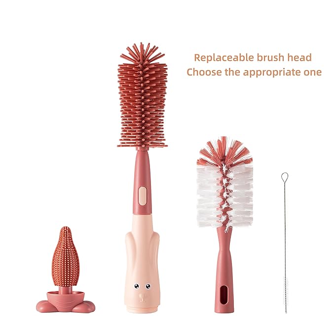 Chemimoso Cup Cleaning Brush, Silicone Baby Bottle Brush with Stand, Large Handle Water Bottle Brush Cleaner Set, with a Tiny Cup Lid Gap Cleaning Brush, Cup Lid Cleaner Brushes Kit, Pink