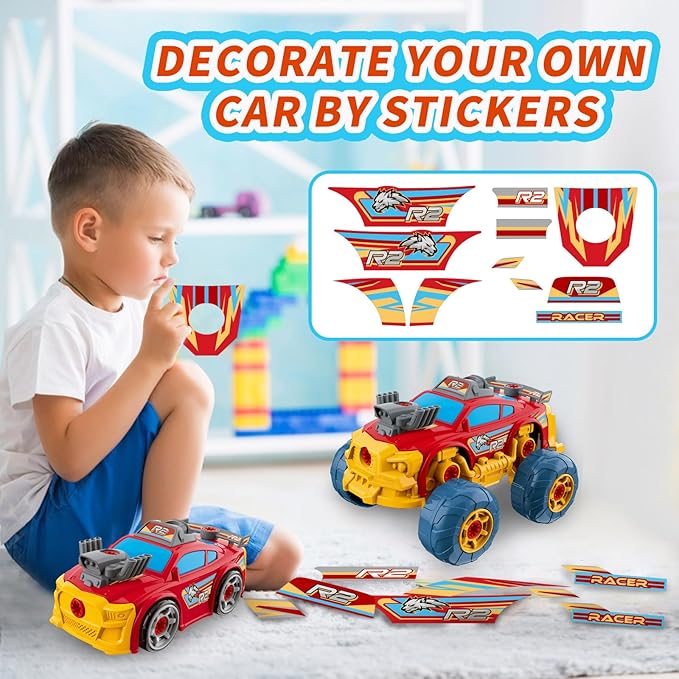 3-in-1 Take Apart Car for Boys with Electric Drill, 46Pcs Construction Toy Truck, Build Your Own Toy Car with Play Tools, Ideal STEM Gift for Kids Children Ages 3 4 5 6 7 8 9 Year Old Red