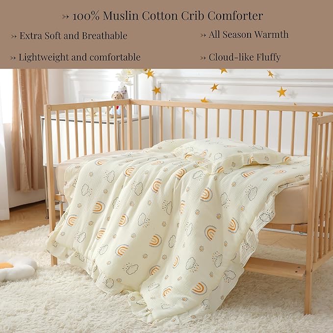 100% Cotton Muslin Crib Comforter/Quilt,Ultra Soft Cozy Reversible Baby Blanket,All Season Toddler Blankets for Boys and Girls, Machine Washable,41"x48"