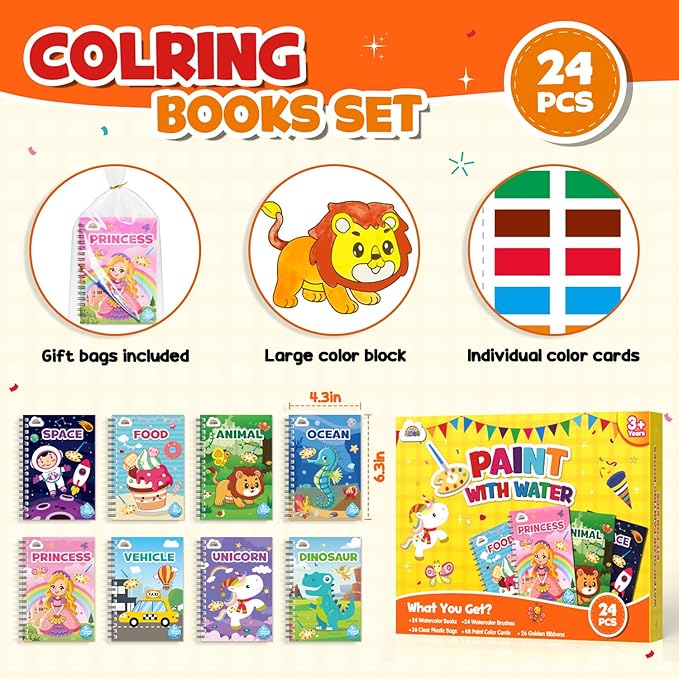 ZMLM 24 Water Coloring Books for Kids Party Favors - Bulk Mini Coloring Books for Kids Ages 4-8,Small Birthday Goodie Bag Stuffers School Teacher Return Gift Art Crafts Classroom Prizes (Classic)