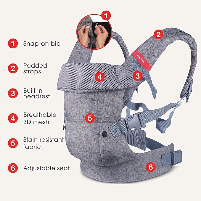 You+ME 4-in-1 Baby Carrier Newborn to Toddler 8-32 lbs - All-Position, Hip-Healthy Newborn Carrier, Adjustable Baby Carriers with Breathable 3D Mesh Panels & 2-in-1 Snap-On Bib (Gray)