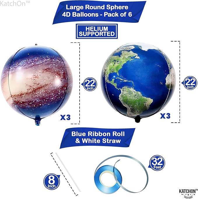 KatchOn Globe and Galaxy Balloons - 22 Inch, Pack of 6 | Earth Day Decorations | World, Planet Balloons for Travel Themed Party Decorations