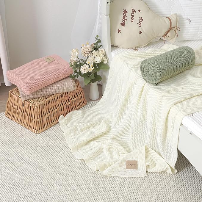 Baby Blanket 30 x 40 Inch Soft Knit for Boys & Girls Cotton Nursery Swaddling Blankets Toddler Knitted Crochet Receiving Crib