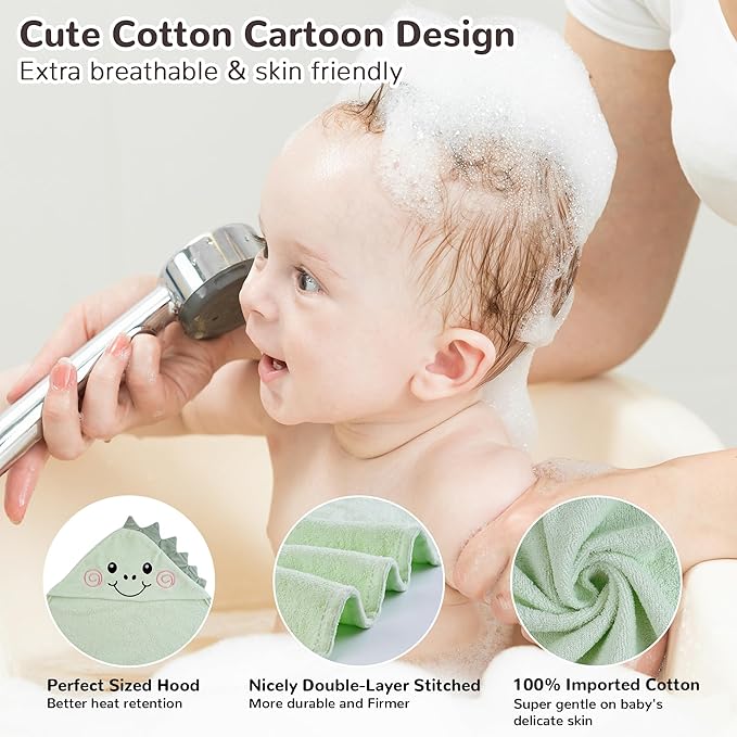 Viviland 2 Pack Hooded Baby Towels, Soft 100% Cotton Baby Bath Towels with Hood, Extra Thick and Absorbent, Essential for Newborns, Kids, Infants - Girls and Boys (Sheep & Green Dinosaur)