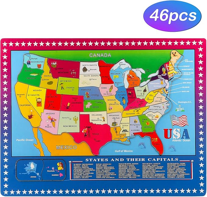 Wondertoys 46 Pieces Wooden USA Map Puzzle for Kids US Map Puzzle Educational Geography Puzzles United States Map Puzzle for Boy Girl