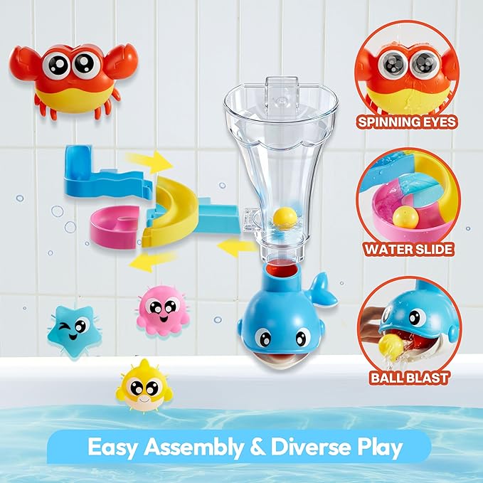 Bath Toys for Kids, 7-in-1 Shower Bathtub Toy with Crab, Whale, Rotating Fish & Slide Track, Interactive Water Play Set with Pour & Spray Fun for Toddlers, Boys & Girls Gifts for Christmas