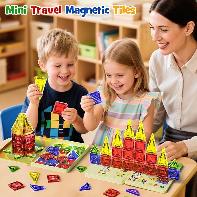 Mini Magnetic Tiles for Kids Ages 4-8, 40PCS Portable Travel Toys with Visual Storage Guide & Metal Storage Box, Compact Magnetic Building Blocks for Toddlers 3-5 Travel Activities