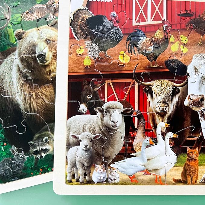 QUOKKA 4SET Puzzles for Kids Ages 4-6 - 48 Pcs Wooden Toddler Realistic Montessori Puzzles Ages 3-5 - Wild Animals Africa Ocean Farm Learning Games for Boys and Girls 4-8 Year Olds