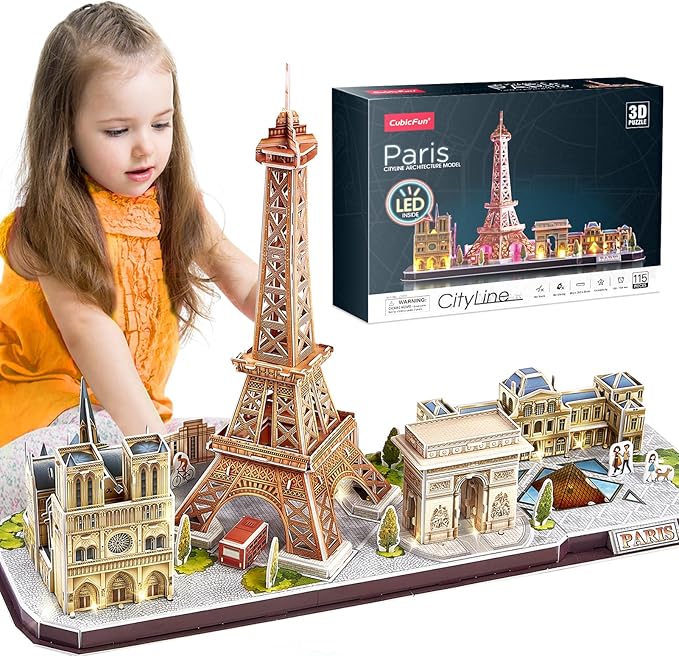 CubicFun 3D Puzzle LED Paris Cityline, 115 Pieces, 1 Count, Ages 8-12, Modern Style, Unisex, Gray, Intermediate Skill, Patience Skill, 15.748 x 4 x 12.87 inches, Assembly & Disassembly, PUZZLES