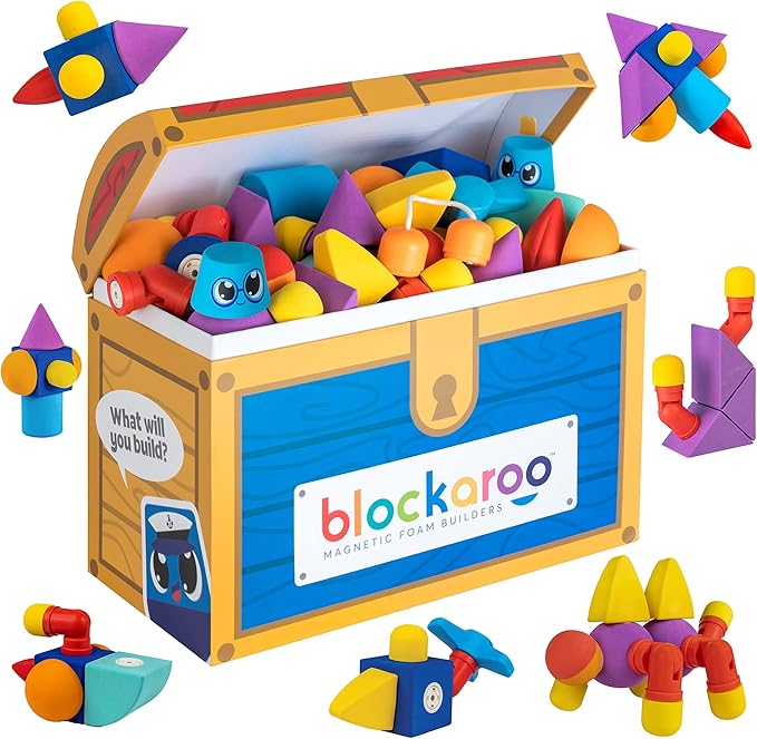 Blockaroo Magnetic Foam Building Blocks - 100-Piece Set with Storage Chest, Bath Toys for Toddlers, Preschool Toys, Bathtub Toys, Sensory Toys, Blocks for Toddlers 3-5, Engineering Toys for Kids 3-5