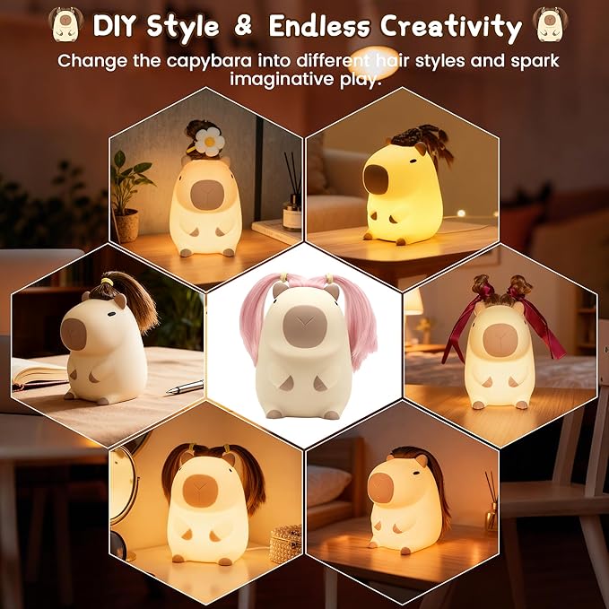 Cute Capybara Night Light with DIY Hairstyle ,Funny Squishy Silicone Animal Night Lamp, Dimmable/Timer Nursery Nightlight for Kids, Rechargeable Touch Bedside Lamp, Bedroom Decor, Baby Boys Girls Gift