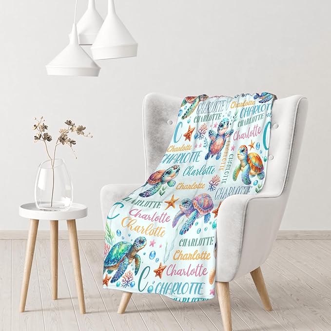 Personalized Custom Baby Blanket with Name - Sea Turtle Swaddle Blanket for Toddlers, Infants, Kids, Newborns - Nursery Stroller Crib Decor Throw - Birthday Gift