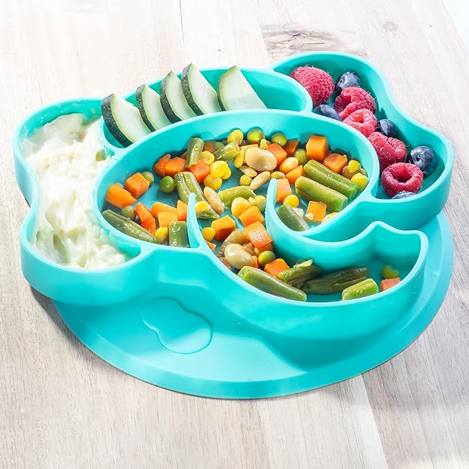 Animal Silicone Compartment Plates- 3 PK Lion, Monkey, Elephant- Large Divided Sections for Easy Grabbing Baby Food Training, Non-Slip Unbreakable Material, Flexible Shapes for Toddlers, Kids-BPA Free