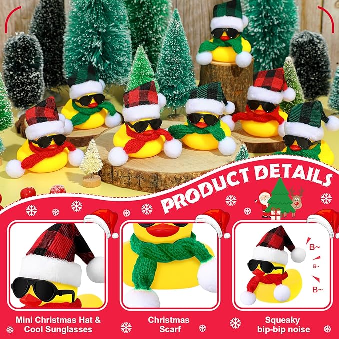 Syhood 24 Sets Christmas Mini Rubber Duck Bulk with Sunglasses Scarf Hats and Adhesive Dots Duckies Bath Toy Xmas Decor for Christmas Winter Gift Cruise Birthday Party (Plaid Hat)
