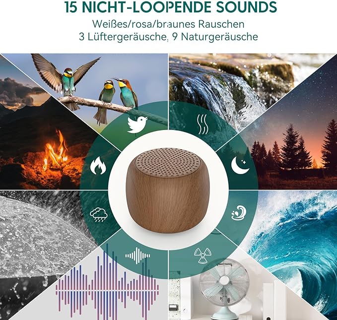 Babelio White Noise Sound Machine for Adults Kids Baby, Mini, 15 Non-looping Sounds, Timer, Memory Function, Easy to Pocket and Travel Wood Grain