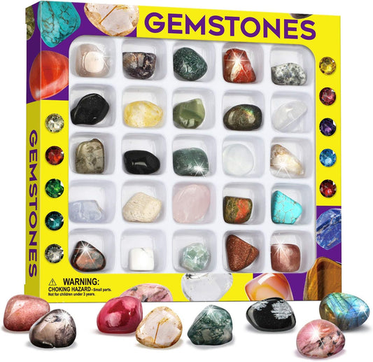 XXTOYS Rocks Collection 25PCS Rock and Mineral Education Set Gemstones for Kids Geology Gem Kit with Healing Chakra Gemstones, Tumbled Stones and More Identification Guide STEM Science Education