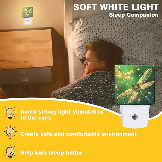 Night Light Fantasy Green Dragonfly Night Lights Plug into Wall Smart Dusk to Dawn Sensor 0.5W Energy Efficient Led Lamp for Men Women Bedroom Bathroom Hallway Stairway Decor