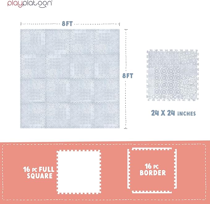 Play Platoon Non-Toxic Extra-Thick Children's Play Mat, 16 Tile - 96 x 96 inch Comfortable Cushiony Foam Floor Puzzle Mat for Kids & Toddlers with 24 x 24 inch Tiles - Grey, Boho Modern