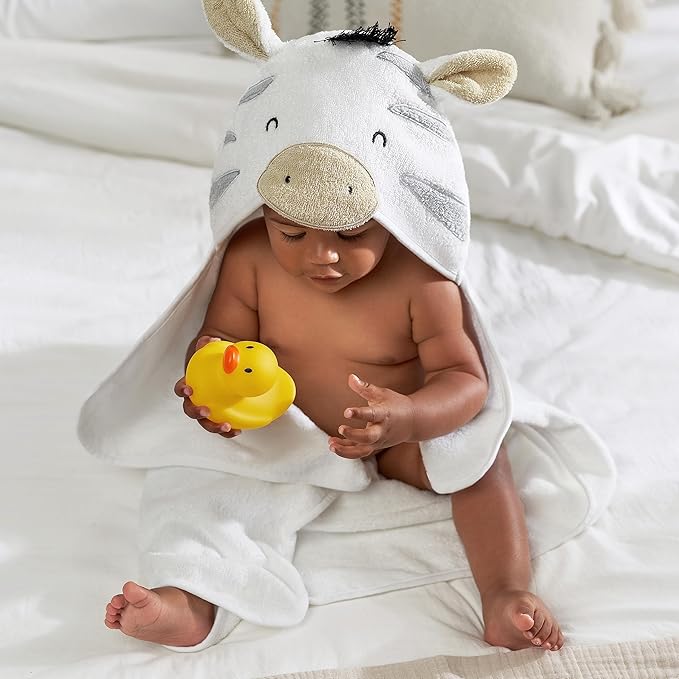 Gerber Baby 4 Piece Animal Character Hooded Towel and Washcloth Set, Grey Zebra, One Size