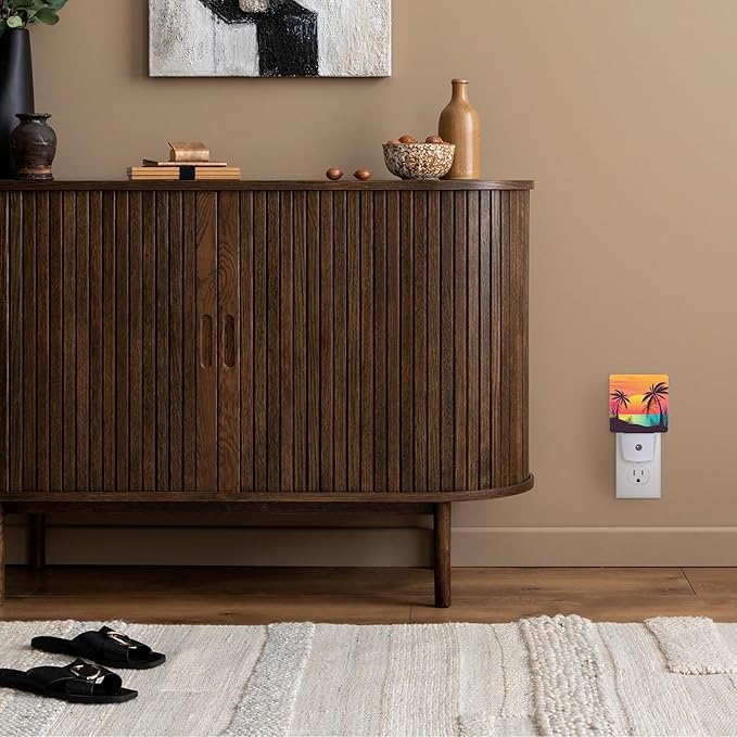 Night Light,Palm Tree with Beach Sunset Night Lights Plug into Wall for Boys Girls Bedroom Decorative Half Round Nightlight Led Lamp 0.5W Sleep Friendly