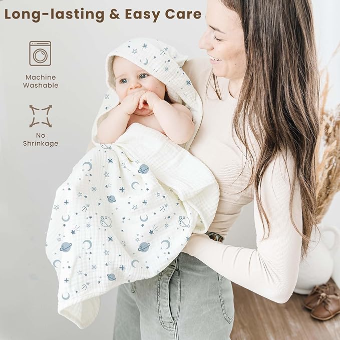 Konssy 2-Pack Muslin Hooded Baby Towels, 100% Cotton, Ultra-Soft & Absorbent Baby Bath Towels with Hood for Newborn & Infant (Blue, Star,32" x 32")