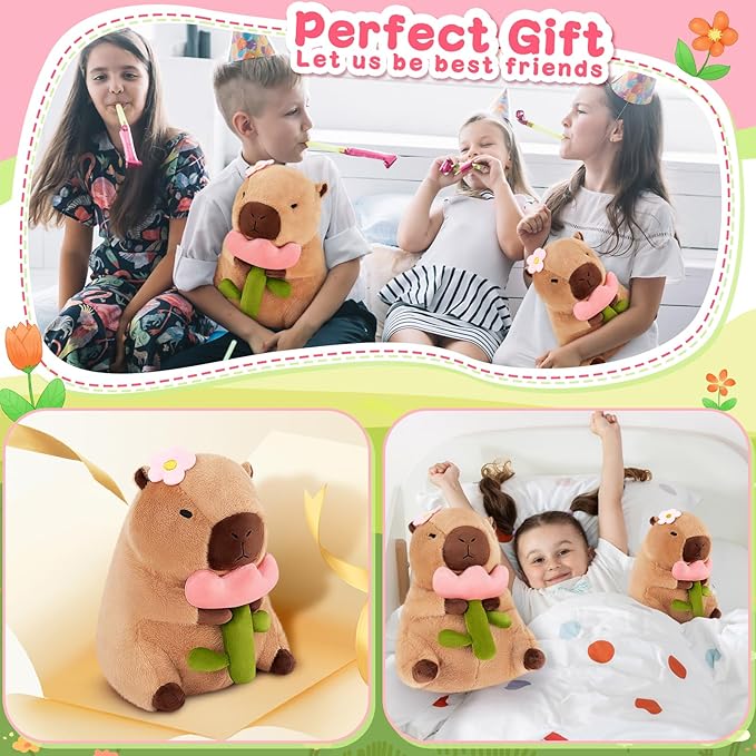 Achwishap Capybara Plush,Cute Plushies Capybara Stuffed Animals,Capybara Plush Toys,Kawaii Plushie Stuffed Toy with Flower Plushies Gift for Kids Adults Birthday(Capybara with Holding Flower,16”)