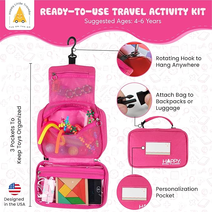 Travel Essentials for Kids – All-in-One Hanging Bag with Kid Toys, Road Trip Activities for Kids, Sensory Toys & Travel Games for Airplane Trips, Car Rides, Gifts for Boys & Girls Ages 4+ (Pink)
