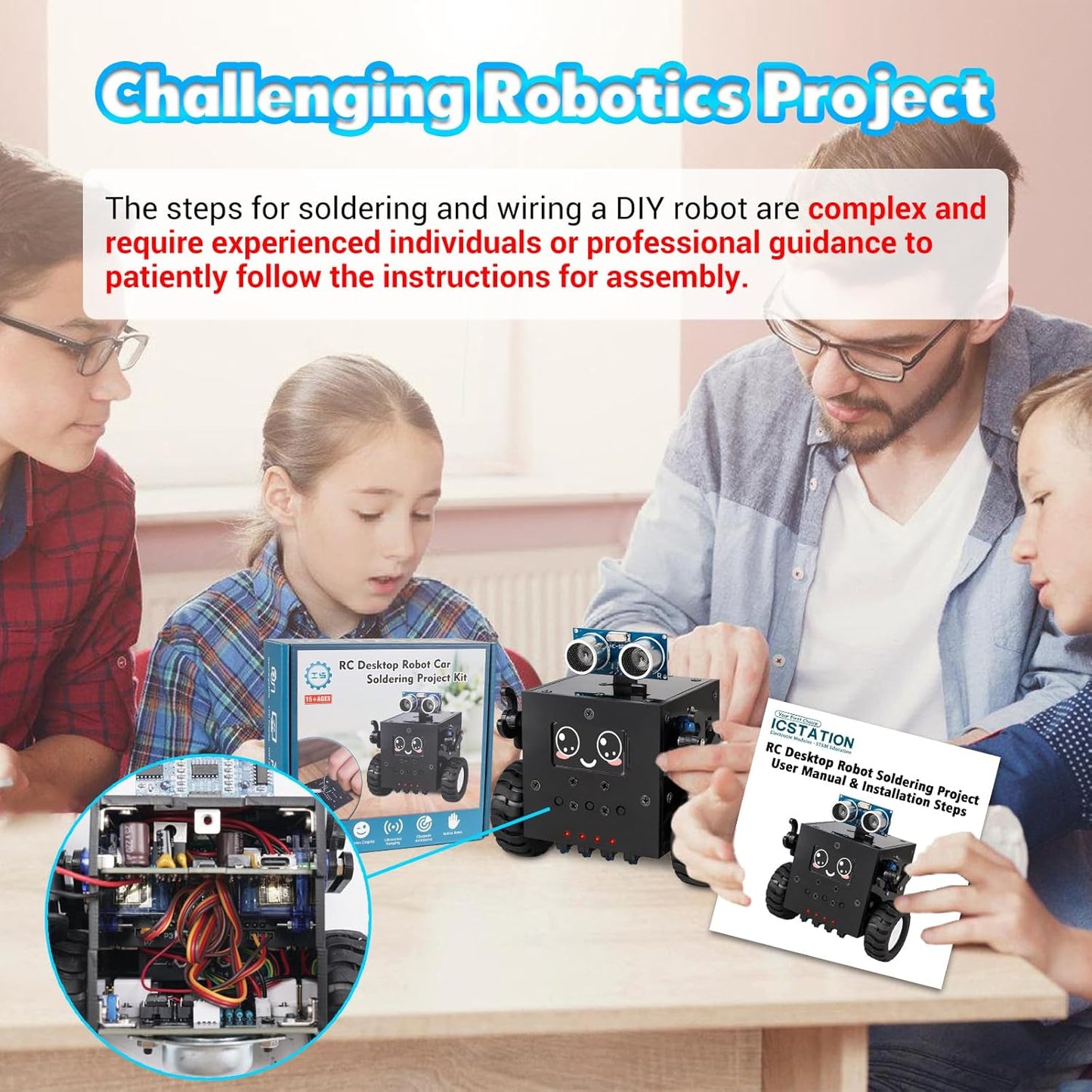 Robot Soldering Project, ICSTATION DIY Robot Car Soldering Practice Kit RC Robot with Time & Expressions Display STEM Science Kits for Adults Teens Ages 15+ School Students Experiment Education
