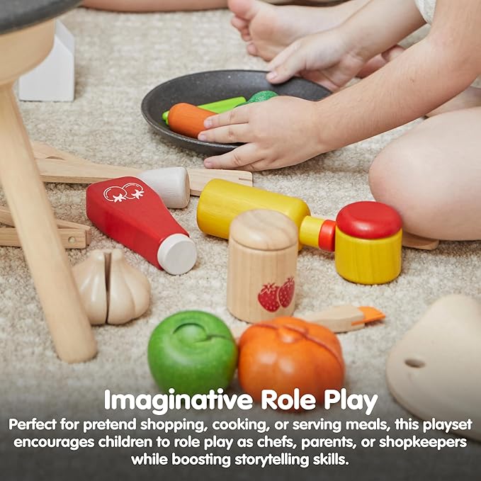 PlanToys® Wooden Food & Beverage Pretend Play Set | Montessori Kitchen Toys for Toddlers & Kids | Eco-Friendly Wooden Role Play Food | Includes Milk Carton, Juice, Water, Ketchup, Jam & Honey