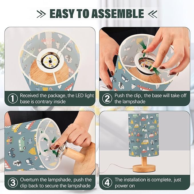 Table Lamp Cute Cars Pattern Cartoon Transportation Doodle Nightstand Lamp with Wood Base Fabric Lamp Shade Bedside Desk Lamp for Living Room Bedroom Kids Room Office