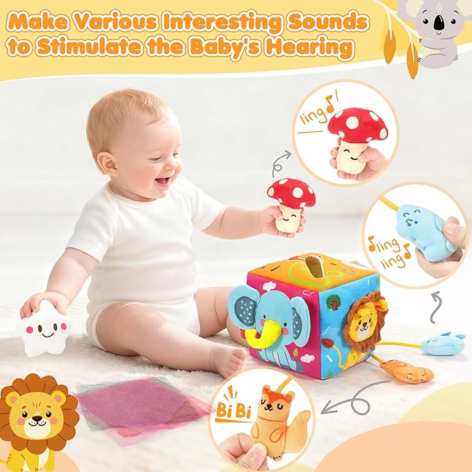 Baby Tissue Box Toy - Baby Toys 6-12 Months Montessori Toys for 6 Month Old with Squeaking Toy Cat, Rattle, Silk Scarves, Safety Mirror, for 1 Year Old - Boy Girl Gifts for Babies 6 9 12 18 Months Old