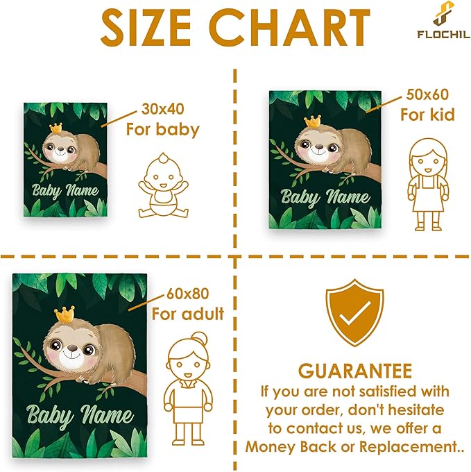 FLOCHIL Personalized Baby Blankets, Custom Baby Blanket - Baby Blanket with Name for Boys, Best Gift for Baby, Newborn Elephants Flush Fleece (30x40) (Sloth)