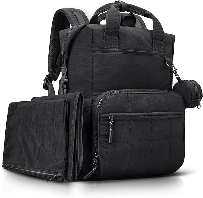 VONAL Diaper Bag Backpack, Lightweight Baby Diaper Bags, Travel Large Diaper Bag with Changing Station, Black Diaper Backpack for Boys Girls Newborn with Insulated Pockets, Stroller Straps